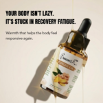 Bottle of Swastik Ginger Essential Oil with the text “Your body isn’t lazy. It’s stuck in recovery fatigue” against a warm premium background.