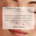 Customer testimonial showing reduced hair fall improved hair health and early greying control after consistent use of hair oil