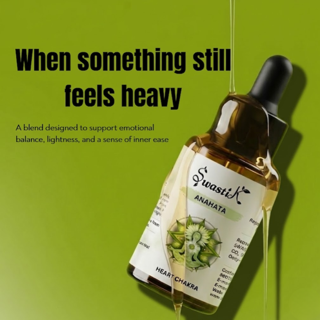 Swastik Anahata heart chakra oil bottle with message about emotional balance, inner ease, and releasing heaviness