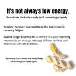 Educational wellness creative explaining physical tension, fatigue, and recovery overload with ginger root visuals and Swastik Ginger Essential Oil positioning.