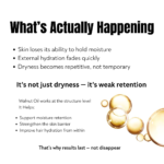 walnut oil mechanism showing omega fatty acids improving skin barrier and moisture retention