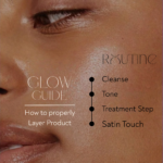 Step-by-step skincare routine showing cleanser, toner, treatment and Satin Touch acne oil application