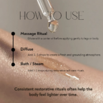 Cypress essential oil usage guide featuring body massage rituals, evening wellness routines, bath steam use, and restorative self-care practices for tired legs.