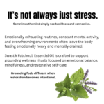 Botanical wellness educational creative explaining how stress, overstimulation, and emotional fatigue affect calmness and balance using patchouli essential oil.