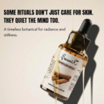 Premium Swastik Indian Sandalwood Essential Oil bottle styled in luxury wellness aesthetics for skincare rituals, meditation, and grounding self-care practices.