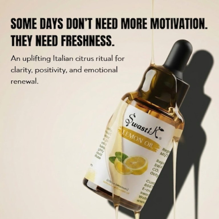 Premium Swastik Italian Lemon Essential Oil bottle styled in luxury citrus wellness aesthetics for uplifting aromatherapy, freshness, and revitalizing self-care rituals.