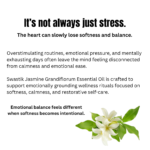 Floral wellness educational creative explaining how emotional pressure, stress, and overstimulation affect calmness and emotional balance using jasmine essential oil.