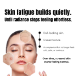 Luxury skincare creative highlighting dull-looking skin, uneven texture, and stressed complexion with botanical jasmine sambac oil wellness messaging.