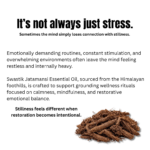 Ayurvedic wellness educational creative explaining how stress, overstimulation, and emotional fatigue affect calmness and balance using jatamansi essential oil.