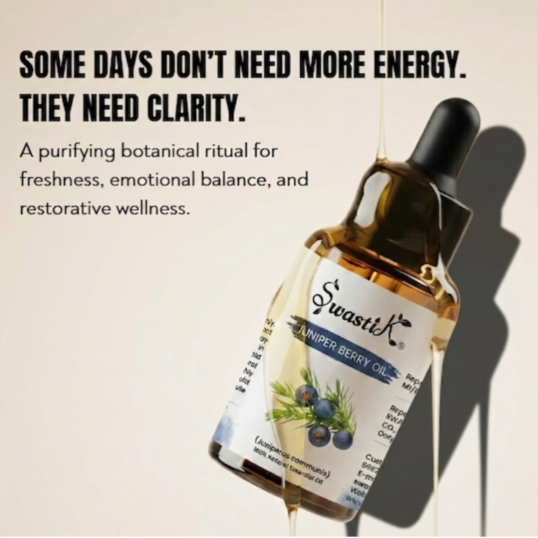 Premium Swastik Juniper Berry Essential Oil bottle styled in luxury botanical wellness aesthetics for grounding aromatherapy, emotional clarity, and restorative self-care rituals.