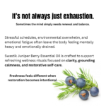 Botanical wellness educational creative explaining how stress, emotional fatigue, and overwhelming routines affect freshness and clarity using juniper berry essential oil.
