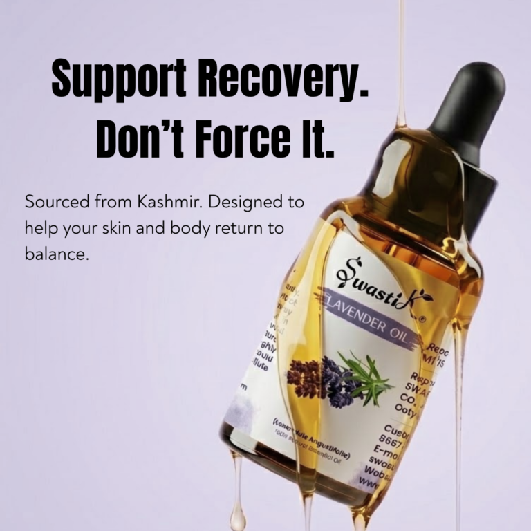Lavender essential oil bottle from Kashmir with dropper, used for skin recovery, relaxation, and natural balance