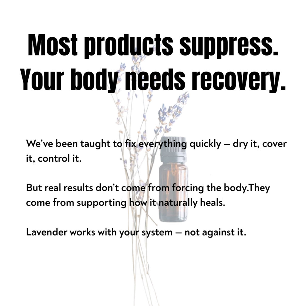 Lavender essential oil concept showing natural healing and recovery instead of harsh treatments for skin and body