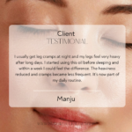 Customer testimonial describing reduced leg cramps and heaviness after using circulation support oil regularly