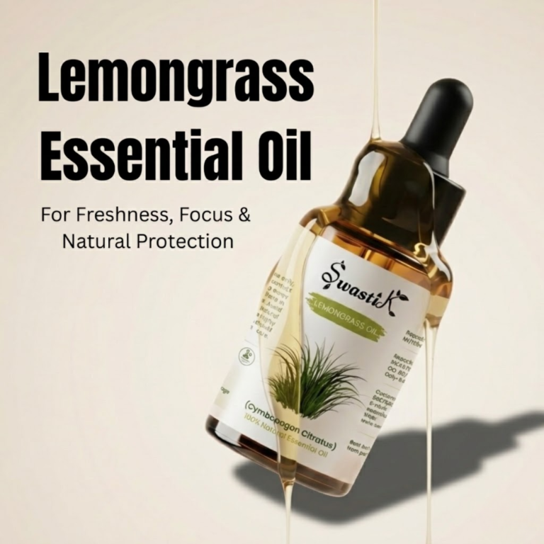 Lemongrass essential oil bottle with golden tone highlighting natural freshness, focus, and mosquito protection