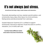 Botanical wellness educational creative explaining how stress, physical exhaustion, and emotional fatigue affect calmness and restoration using marjoram essential oil.