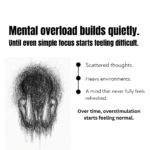 Educational wellness graphic about mental overload, scattered thoughts, overstimulation, and emotionally refreshing aromatherapy support using basil essential oil.