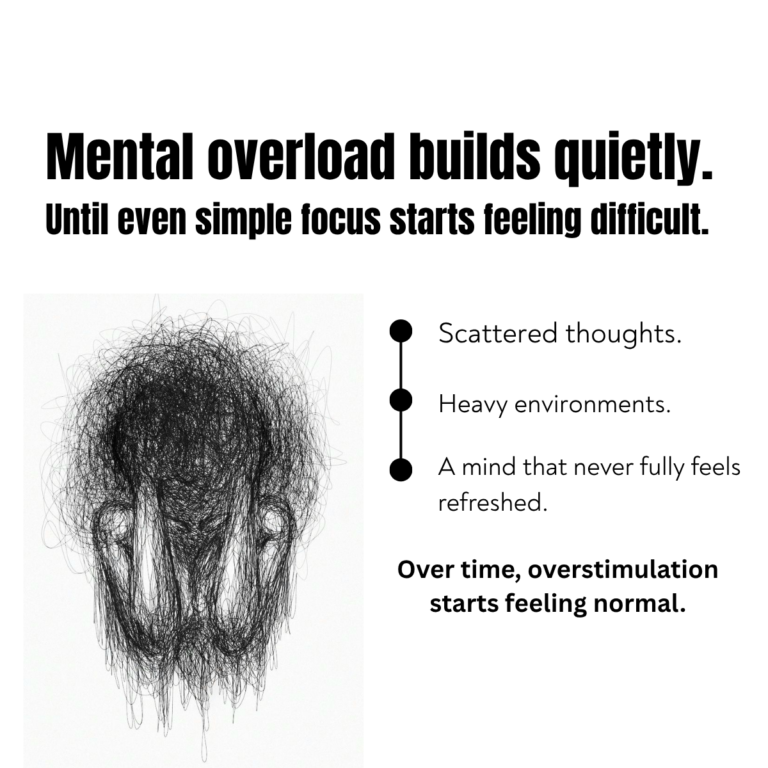 Educational wellness graphic about mental overload, scattered thoughts, overstimulation, and emotionally refreshing aromatherapy support using basil essential oil.