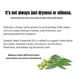 Botanical wellness educational creative explaining how pollution, buildup, and harsh routines affect skin and scalp balance using neem essential oil.