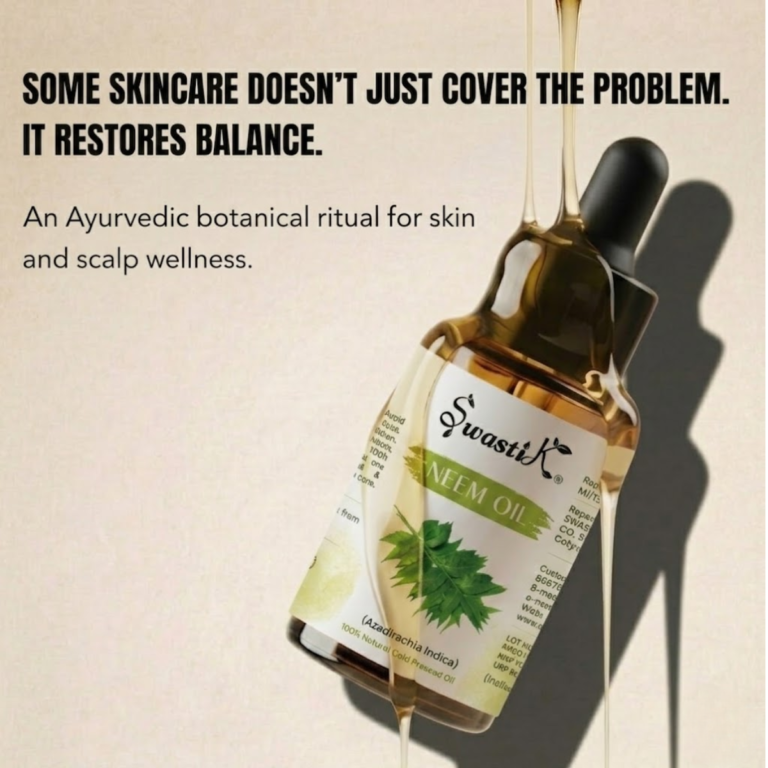 Premium Swastik Neem Essential Oil bottle styled in luxury Ayurvedic wellness aesthetics for balancing skincare, scalp care, and restorative botanical rituals.