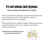 Botanical skincare educational creative explaining how stress, environmental exposure, and fatigue affect skin softness and natural radiance using neroli essential oil.