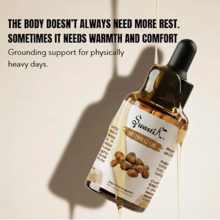 Premium Swastik Nutmeg Essential Oil bottle with luxury wellness messaging focused on warmth, grounding comfort, and physically heavy days.