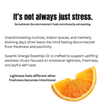 Citrus wellness educational creative explaining how stress, indoor environments, and mental fatigue affect emotional freshness using orange essential oil.