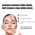 Luxury wellness creative highlighting emotional fatigue, low energy, and mentally heavy environments with uplifting orange essential oil aromatherapy messaging.