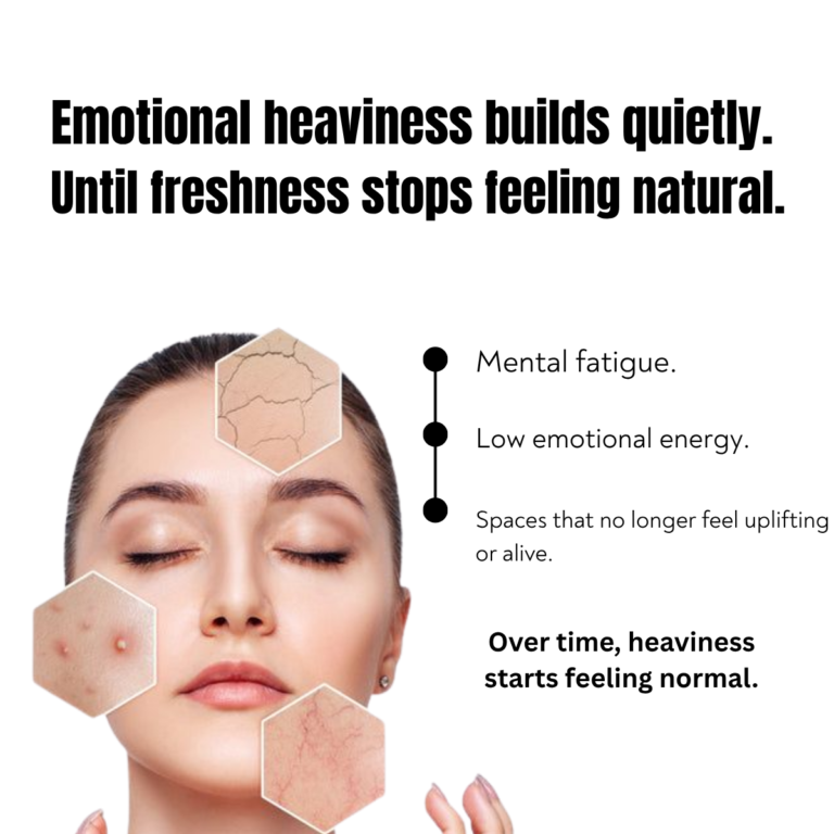 Luxury wellness creative highlighting emotional fatigue, low energy, and mentally heavy environments with uplifting orange essential oil aromatherapy messaging.