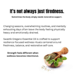 Botanical wellness educational creative explaining how stress, changing seasons, and exhausting routines affect balance and resilience using oregano essential oil.