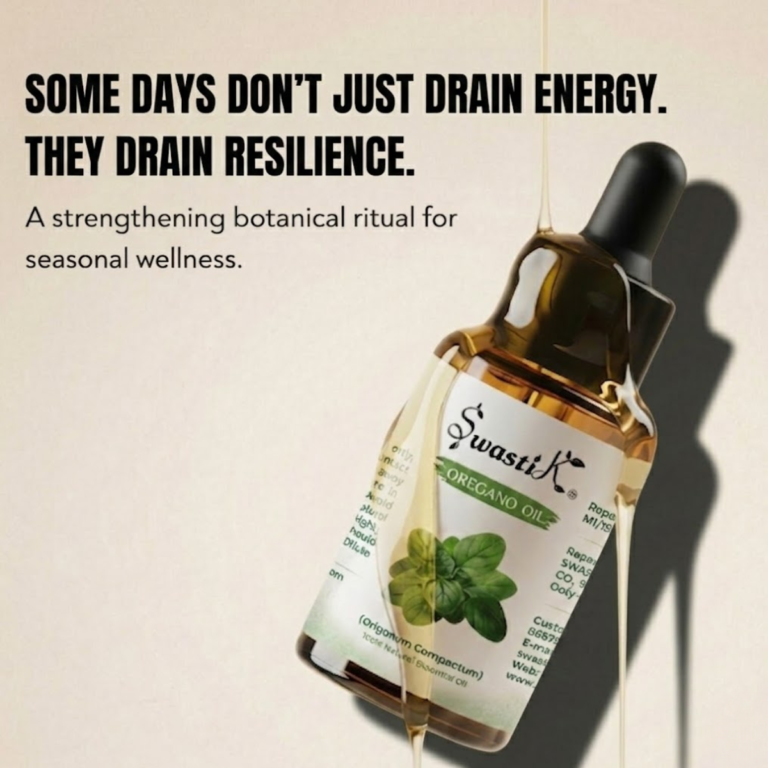 Premium Swastik Oregano Essential Oil bottle styled in luxury botanical wellness aesthetics for seasonal wellness, cleansing rituals, and restorative self-care.