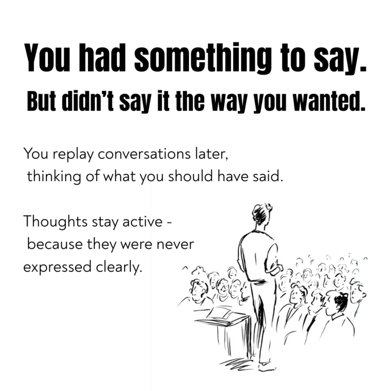Illustration of replaying conversations in mind showing difficulty expressing thoughts and overthinking communication