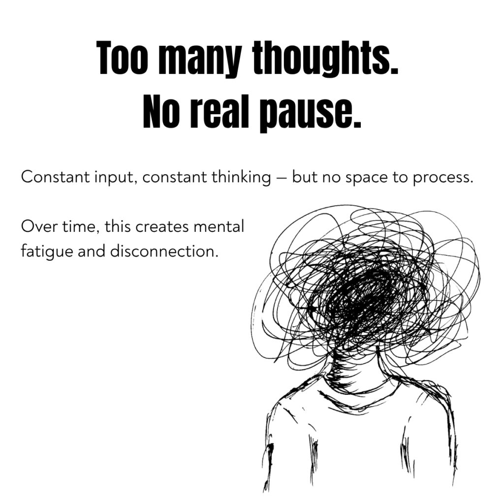 Illustration of a person with chaotic thoughts representing overthinking, mental fatigue, and lack of mental pause