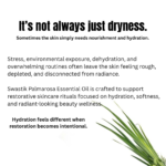 Botanical skincare educational creative explaining how dehydration, stress, and environmental exposure affect skin softness and radiance using palmarosa essential oil.