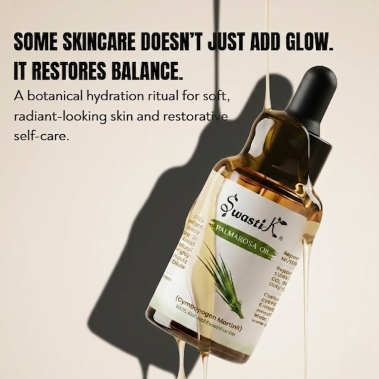 Premium Swastik Palmarosa Essential Oil bottle styled in luxury botanical skincare aesthetics for hydrating beauty rituals, radiant-looking skin, and restorative self-care.