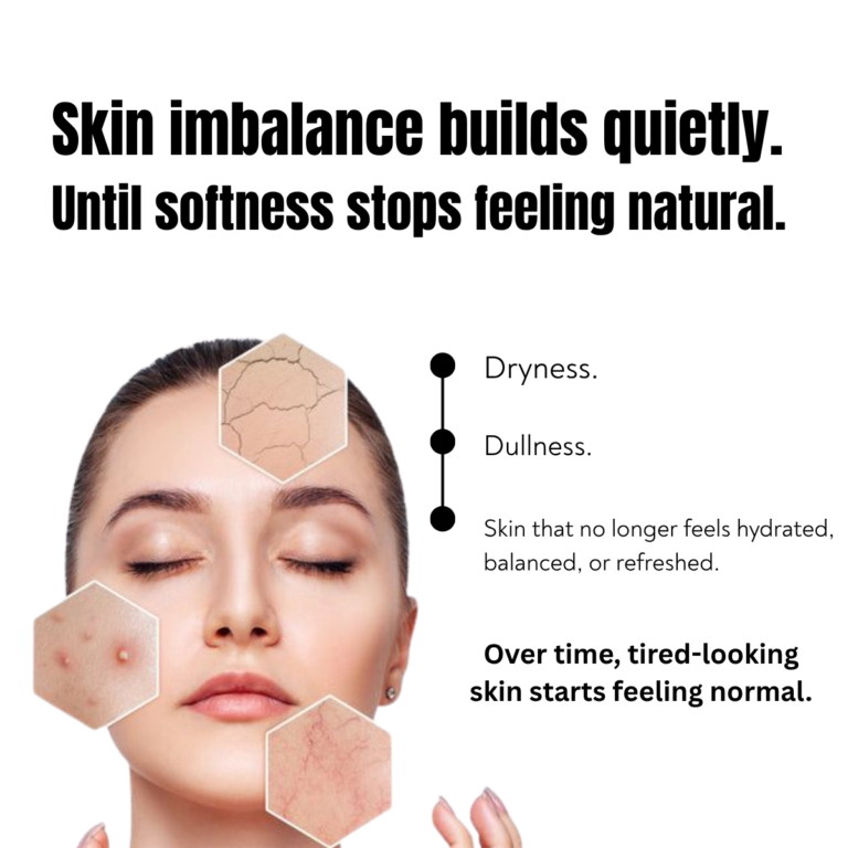 Luxury skincare wellness creative highlighting dryness, dull skin, and restorative palmarosa essential oil rituals for hydration and skin balance.