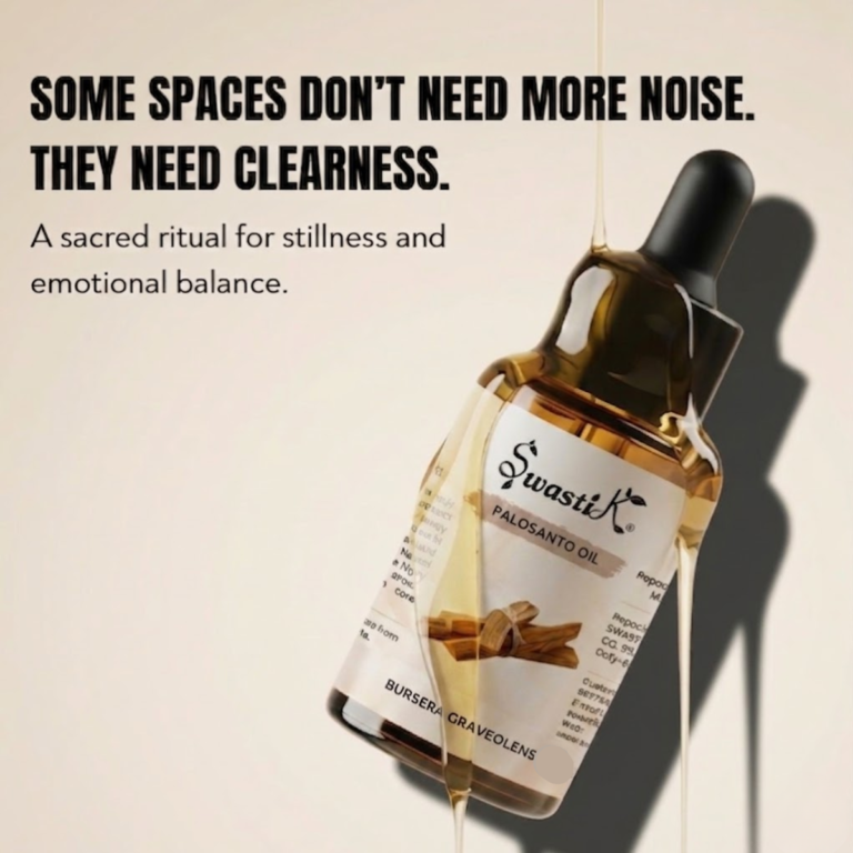 Premium Swastik Palo Santo Essential Oil bottle styled in luxury spiritual wellness aesthetics for meditation, grounding rituals, and emotional balance.