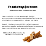 Spiritual wellness educational creative explaining how emotional overwhelm and overstimulating environments affect calmness and clarity using palo santo essential oil.