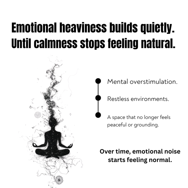 Luxury wellness creative highlighting emotional fatigue, mental overstimulation, and grounding palo santo oil rituals for calmness and spiritual wellness.