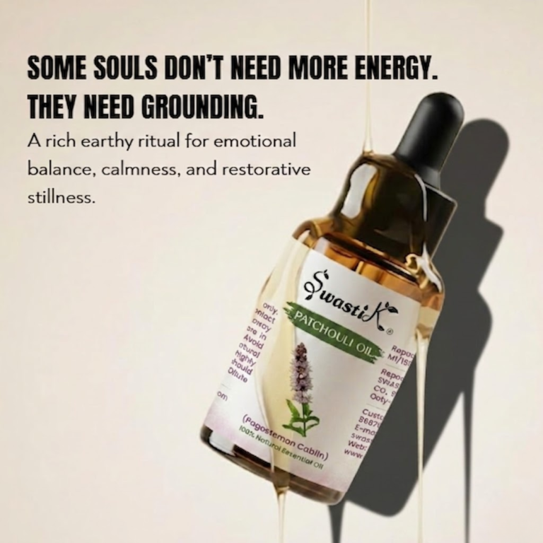 Premium Swastik Patchouli Essential Oil bottle styled in luxury earthy wellness aesthetics for grounding aromatherapy, emotional balance, and restorative self-care rituals.