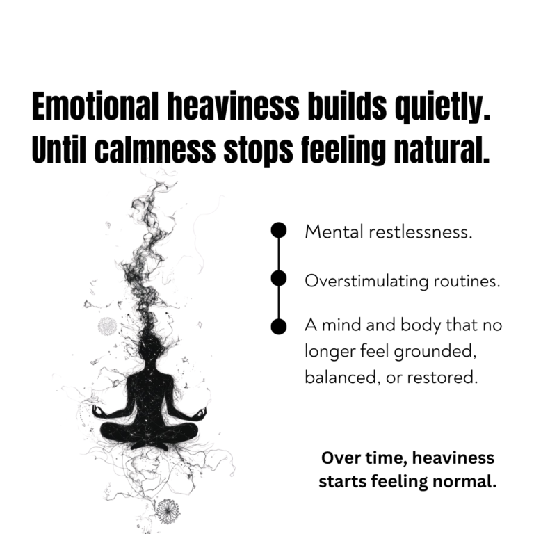 Luxury wellness creative highlighting emotional heaviness, mental restlessness, and grounding patchouli essential oil rituals for calmness and emotional restoration.