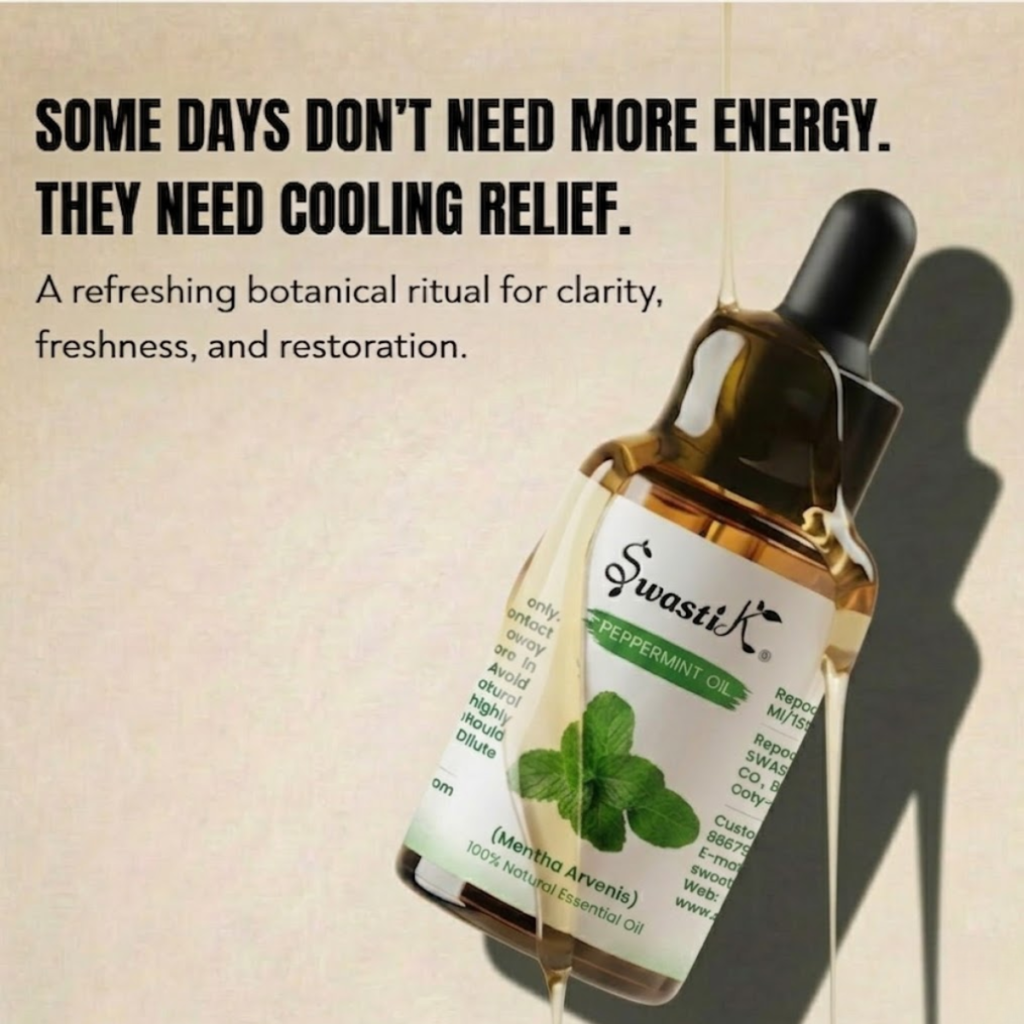 Premium Swastik Peppermint Essential Oil bottle styled in luxury botanical wellness aesthetics for cooling relief, freshness, and revitalizing self-care rituals.