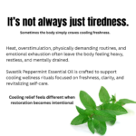 Botanical wellness educational creative explaining how heat, overstimulation, and fatigue affect freshness and clarity using peppermint essential oil.