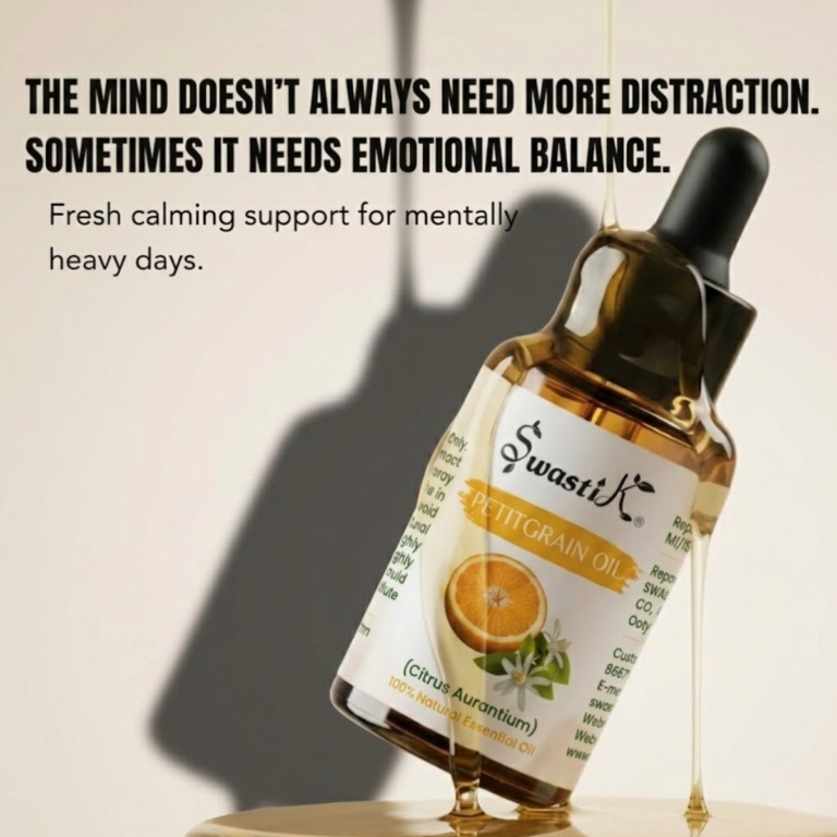 Premium Swastik Petitgrain Essential Oil bottle with calming wellness messaging focused on emotional balance, mental calmness, and overstimulated routines.