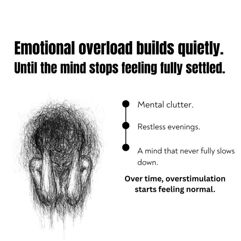 Luxury wellness creative about emotional overload, mental clutter, restless evenings, and calming aromatherapy support using petitgrain essential oil.