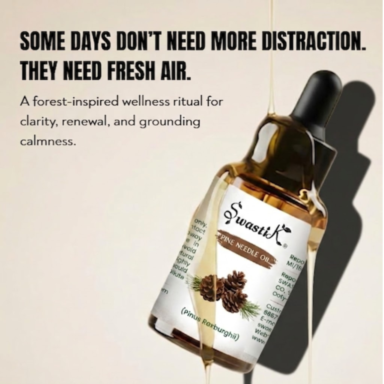 Premium Swastik Pine Needle Essential Oil bottle styled in luxury forest wellness aesthetics for grounding aromatherapy, freshness, and restorative self-care rituals.