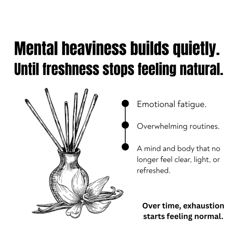 Luxury wellness creative highlighting emotional fatigue, mental fog, and refreshing pine needle essential oil rituals for clarity and grounding calmness.