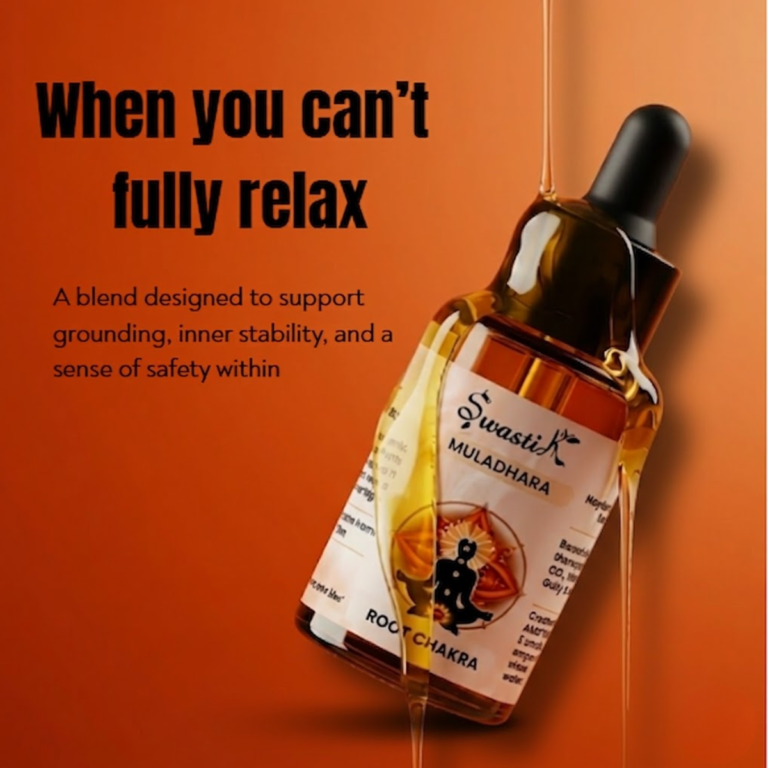 Root Chakra Oil bottle with message “When you can’t fully relax” highlighting grounding, stability, and inner safety benefits