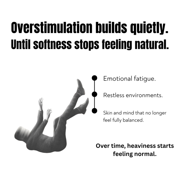 Luxury wellness creative highlighting emotional fatigue, overstimulation, and delicate skin concerns with calming rosewood essential oil wellness messaging.