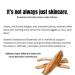 Luxury wellness educational creative explaining how stress and emotional fatigue affect skin softness and mental calmness using sandalwood essential oil.